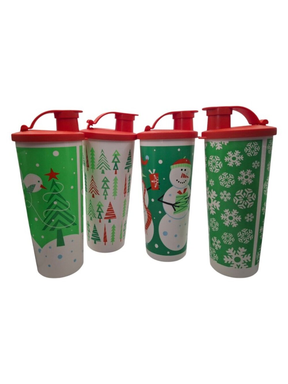 Tupperware 2013 4pc Holiday 16oz Tumbler Set with Flip Tops Reds Greens by Tuppe